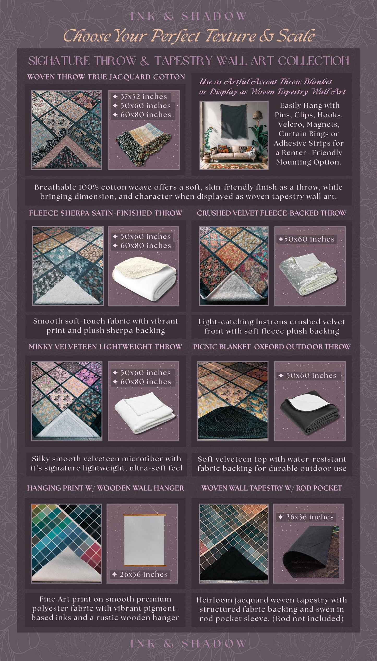 The image is a collection of various textures and patterns, including woven throw and tapestry wall art, as well as printed fabrics and textiles.