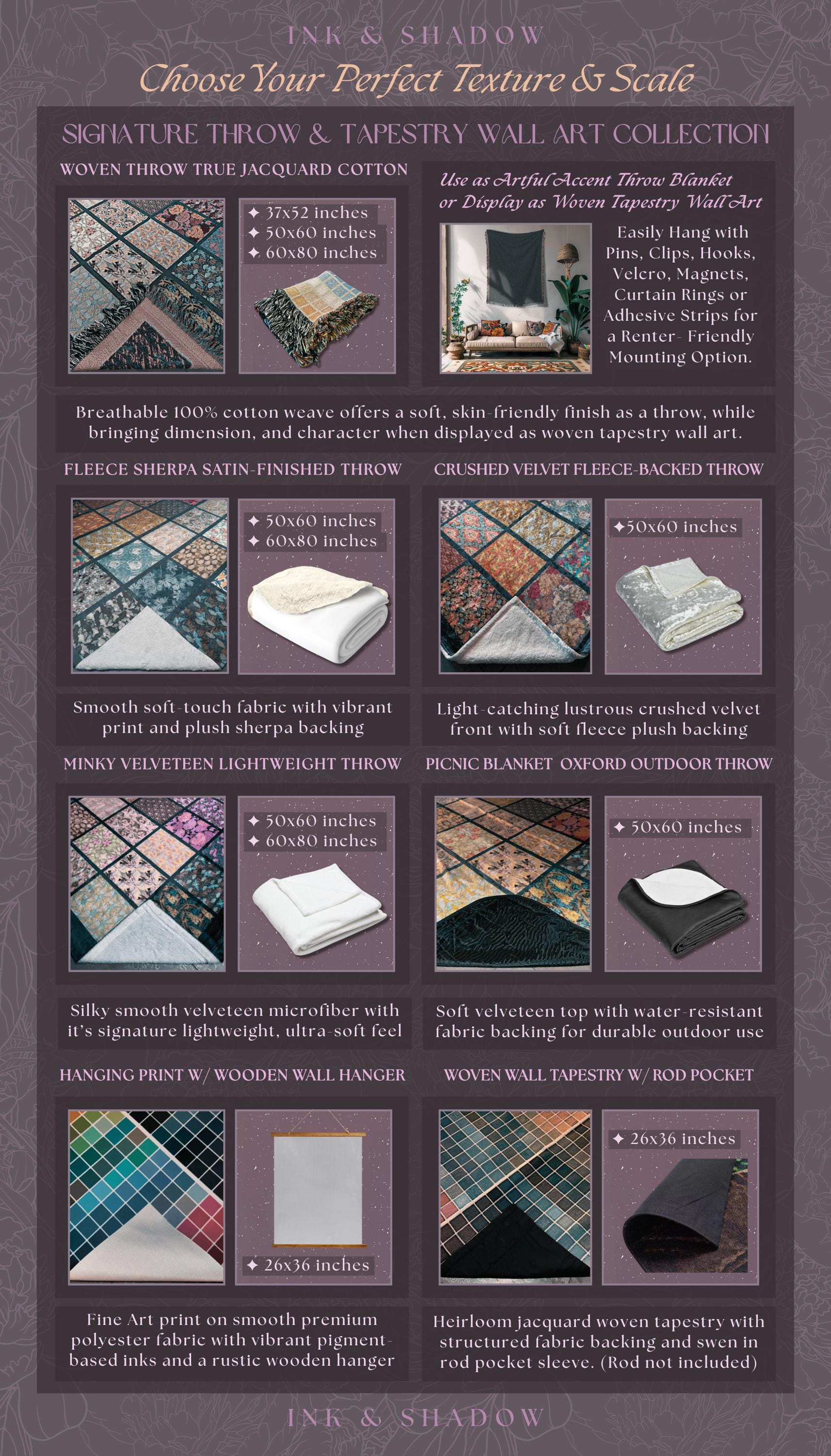 The image is a collection of various textures and patterns, including woven throw and tapestry wall art, as well as printed fabrics and textiles.