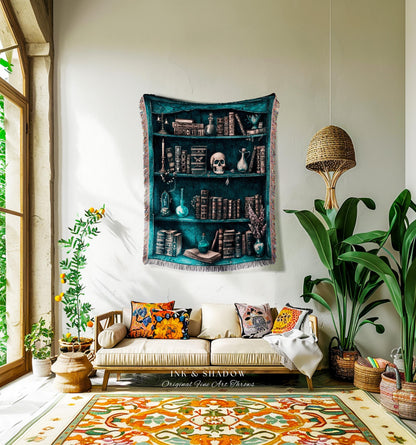 Mystical Witchy Art Bookshelf Tapestry Blanket Witch Cottagecore Woven Throw Gothic Skulls Home Decor Occult Dark Academia Book Lovers Gift