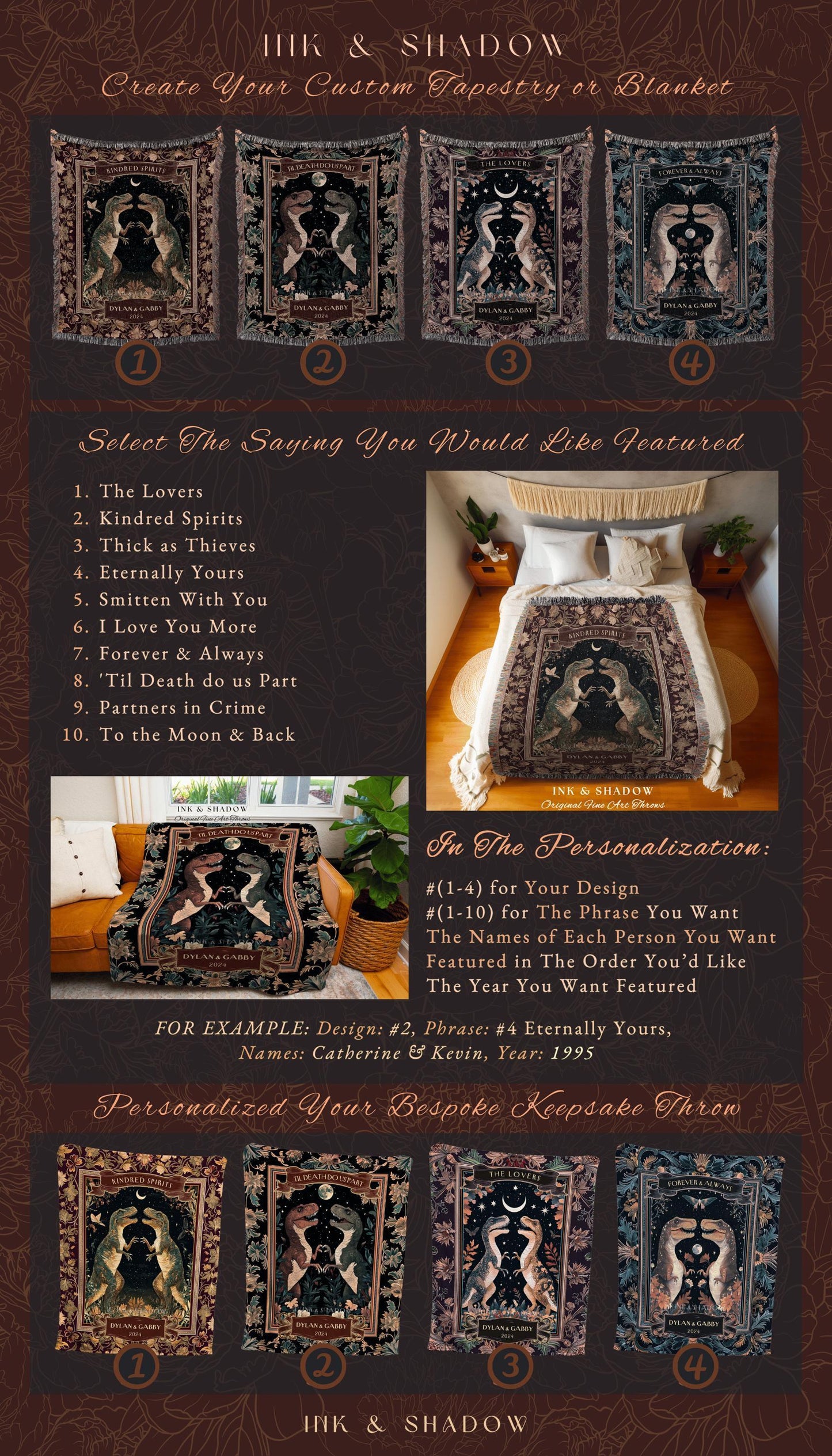 Moonlit Midnight Dinosaur Lovers Woven Throw Personalized Anniversary Decor | T-Rex Dino Couple Whimsigothic Art Wedding Keepsake Tapestry