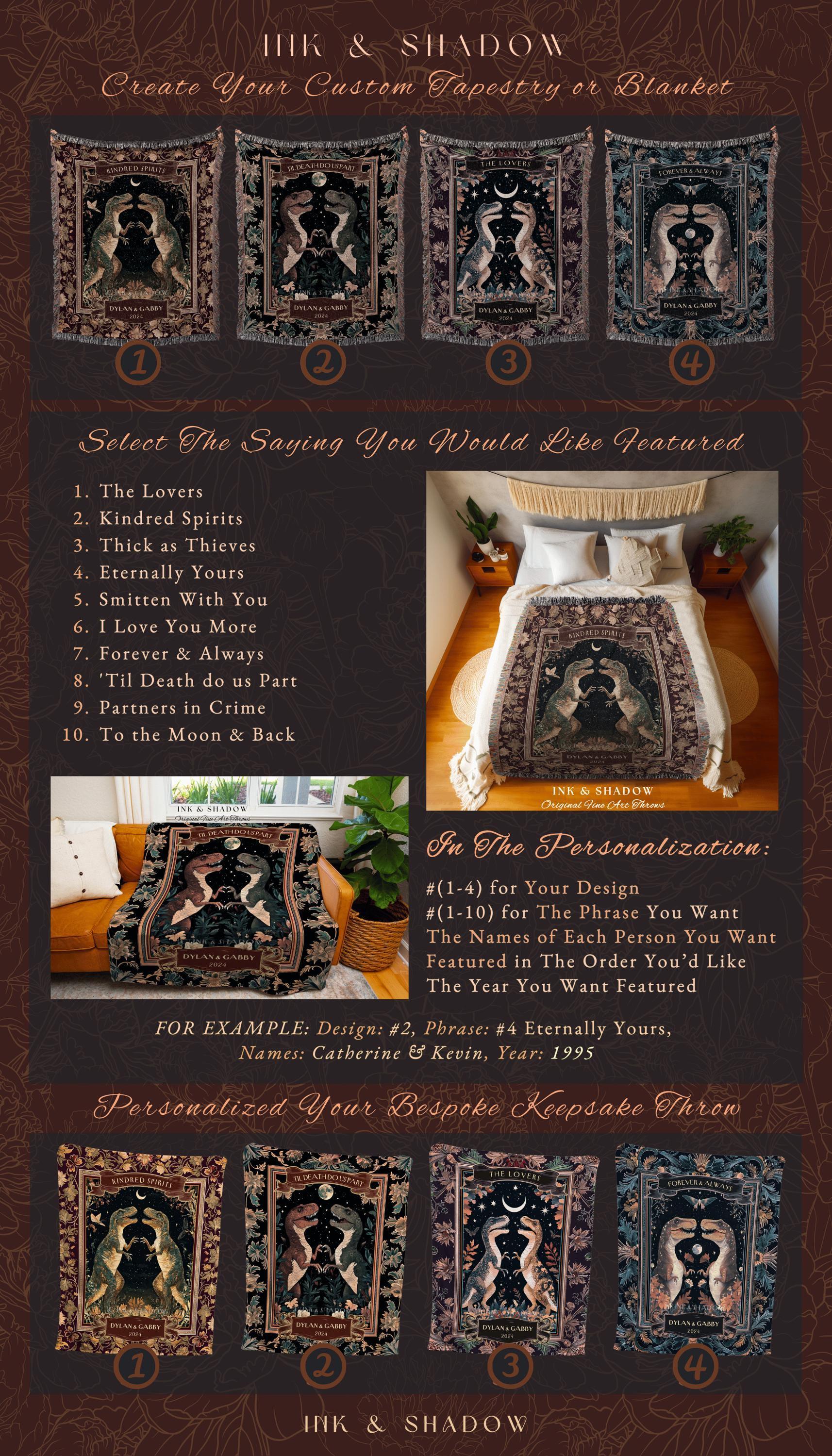 Moonlit Midnight Dinosaur Lovers Woven Throw Personalized Anniversary Decor | T-Rex Dino Couple Whimsigothic Art Wedding Keepsake Tapestry