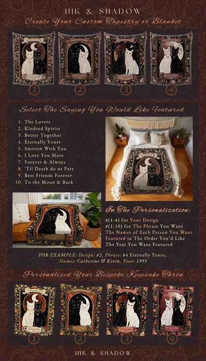 Mystic Cat Couple Woven Blanket | Witchy Aesthetic Woven Throw Custom Mr & Mrs Gift for Cat Lover Personalized Dark Academia Style Ethereal