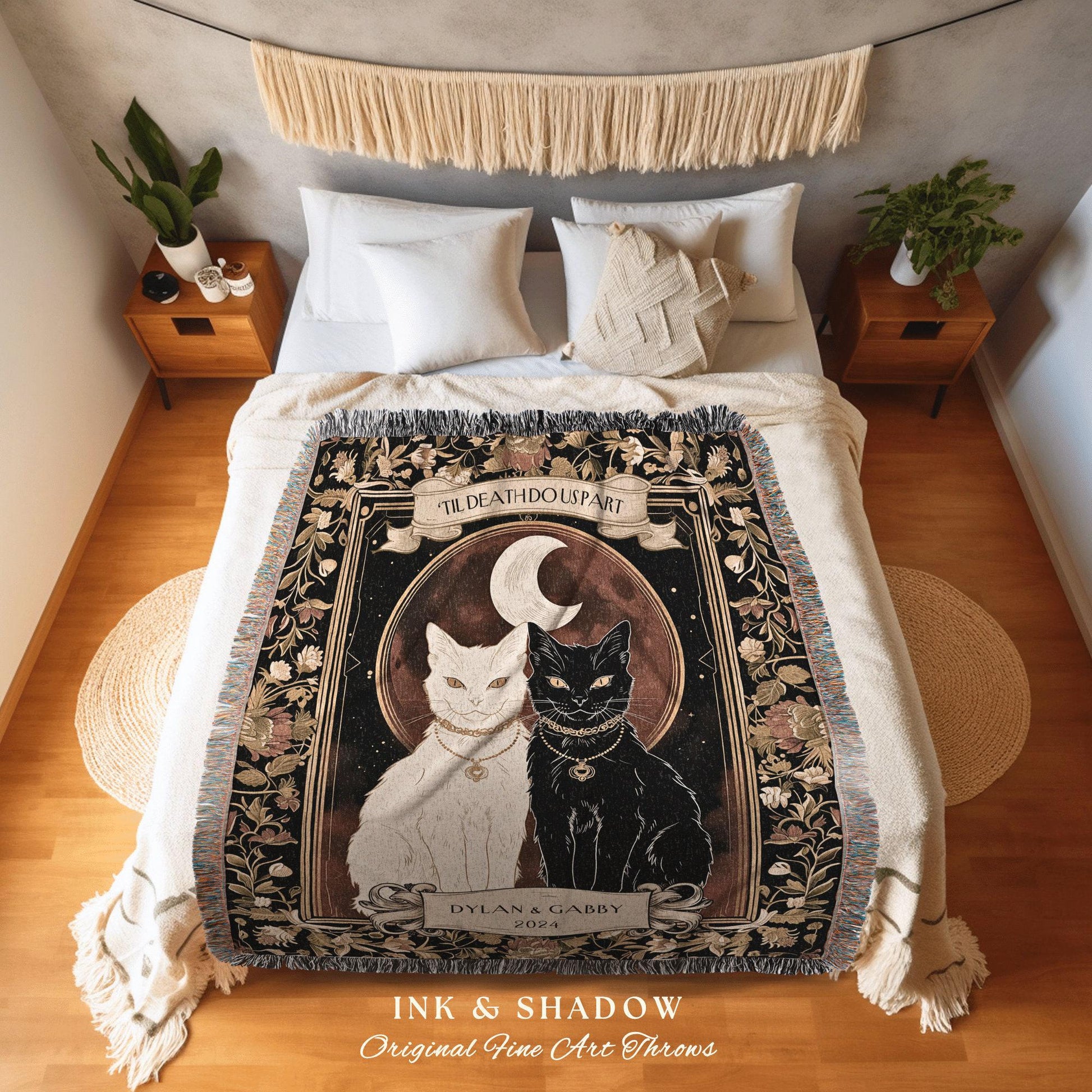 Mystic Cat Couple Woven Blanket | Witchy Aesthetic Woven Throw Custom Mr & Mrs Gift for Cat Lover Personalized Dark Academia Style Ethereal