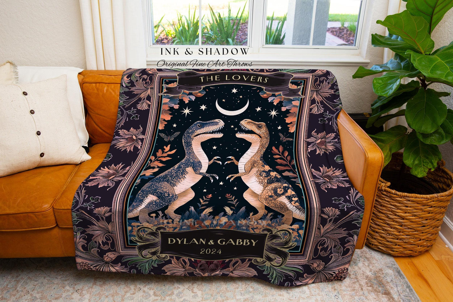 Moonlit Midnight Dinosaur Lovers Woven Throw Personalized Anniversary Decor | T-Rex Dino Couple Whimsigothic Art Wedding Keepsake Tapestry