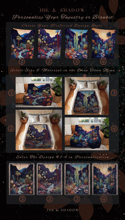 Desert Landscape Cactus Tapestry Nature Throw Blanket Dark Cottagecore Decor | Moonlit Landscape Desert Night Aesthetic Woven Throw Blanket