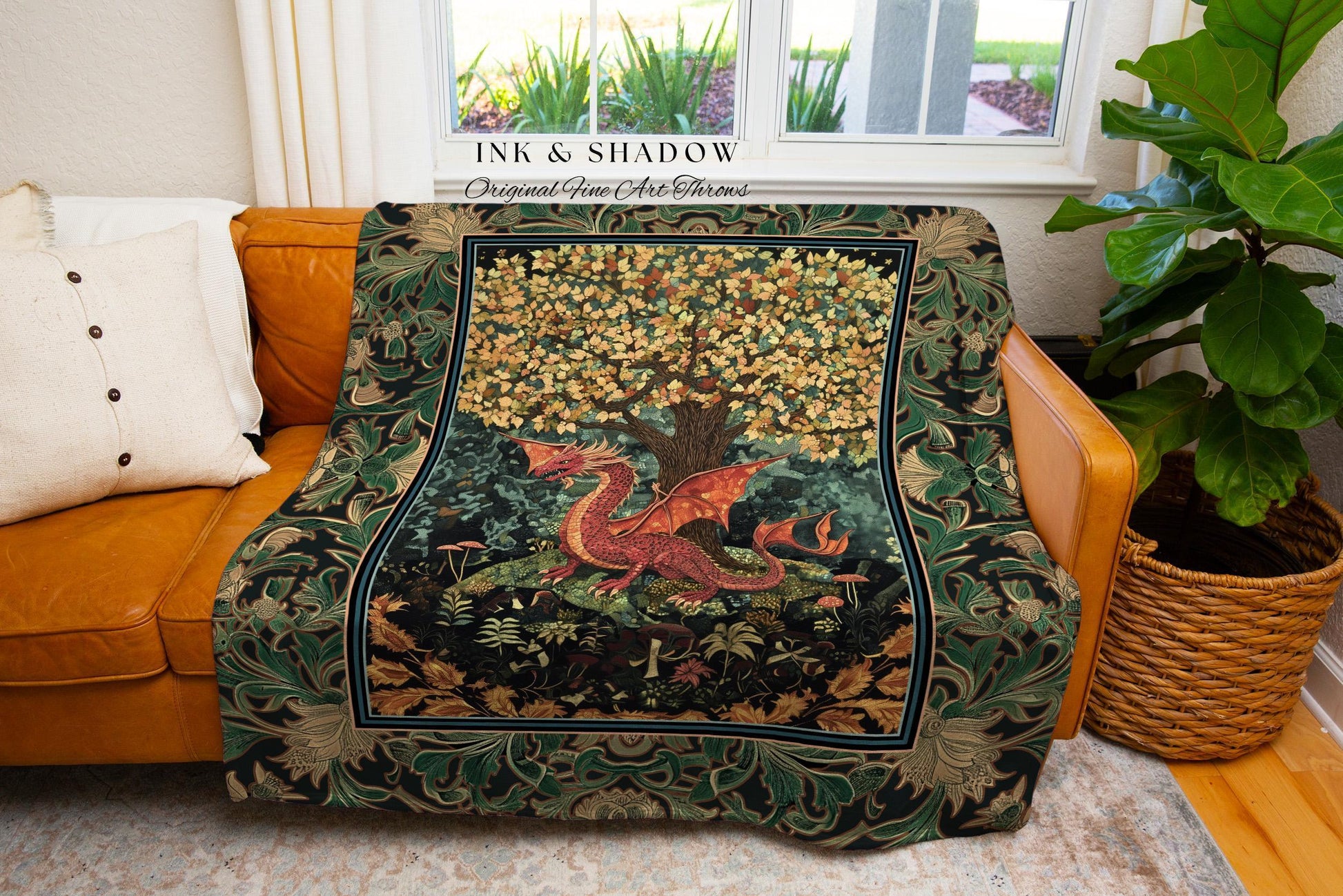 Moody Maximalist Dragon Woven Blanket | Dark Floral Cottagecore Tapestry Woodland Gothic Medieval Bedroom Wall Art Ethereal Fairytale Theme