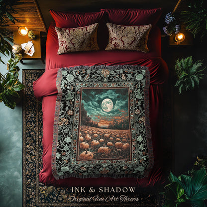 Retro Halloween Harvest Blanket | Full Moon Gothic Woven Wall Tapestry Whimsigoth Cozy Autumn Vibes Pumpkin Halloween Rustic Decor Witchy |