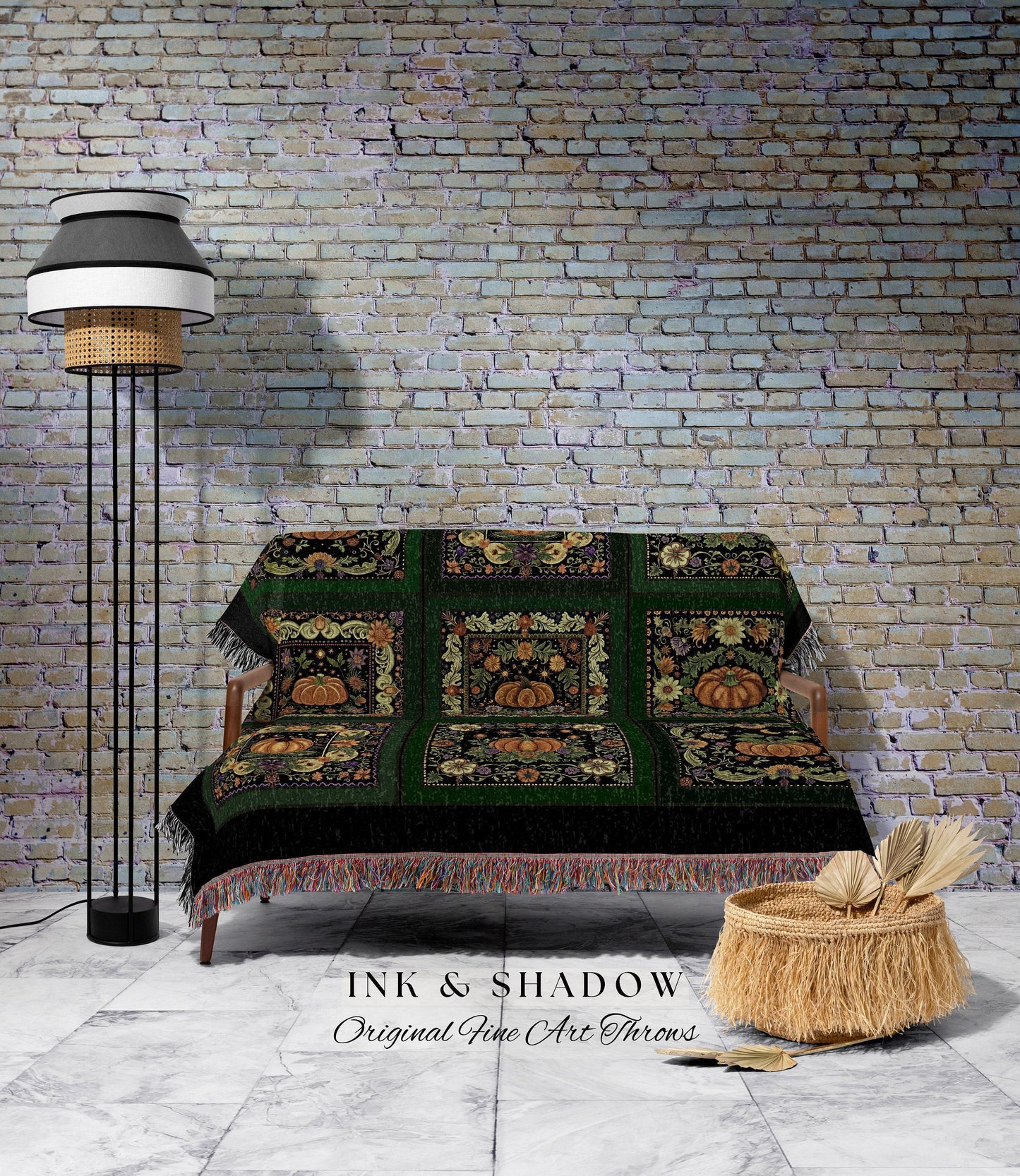 Cozy Dark Green Pumpkin Blanket for Halloween Lovers Aesthetic Bohemian Bedding for Fall Goth Home Decor Mystic Cottagecore Throw Blanket