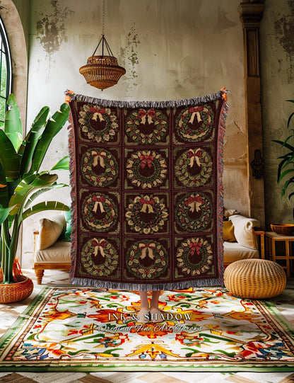 Ornate Baroque Burgundy Berry Wreath Tapestry Throw Antique Inspired Home Decor | Elegant Festive Cozy Dark Academia Blanket Christmas Gift