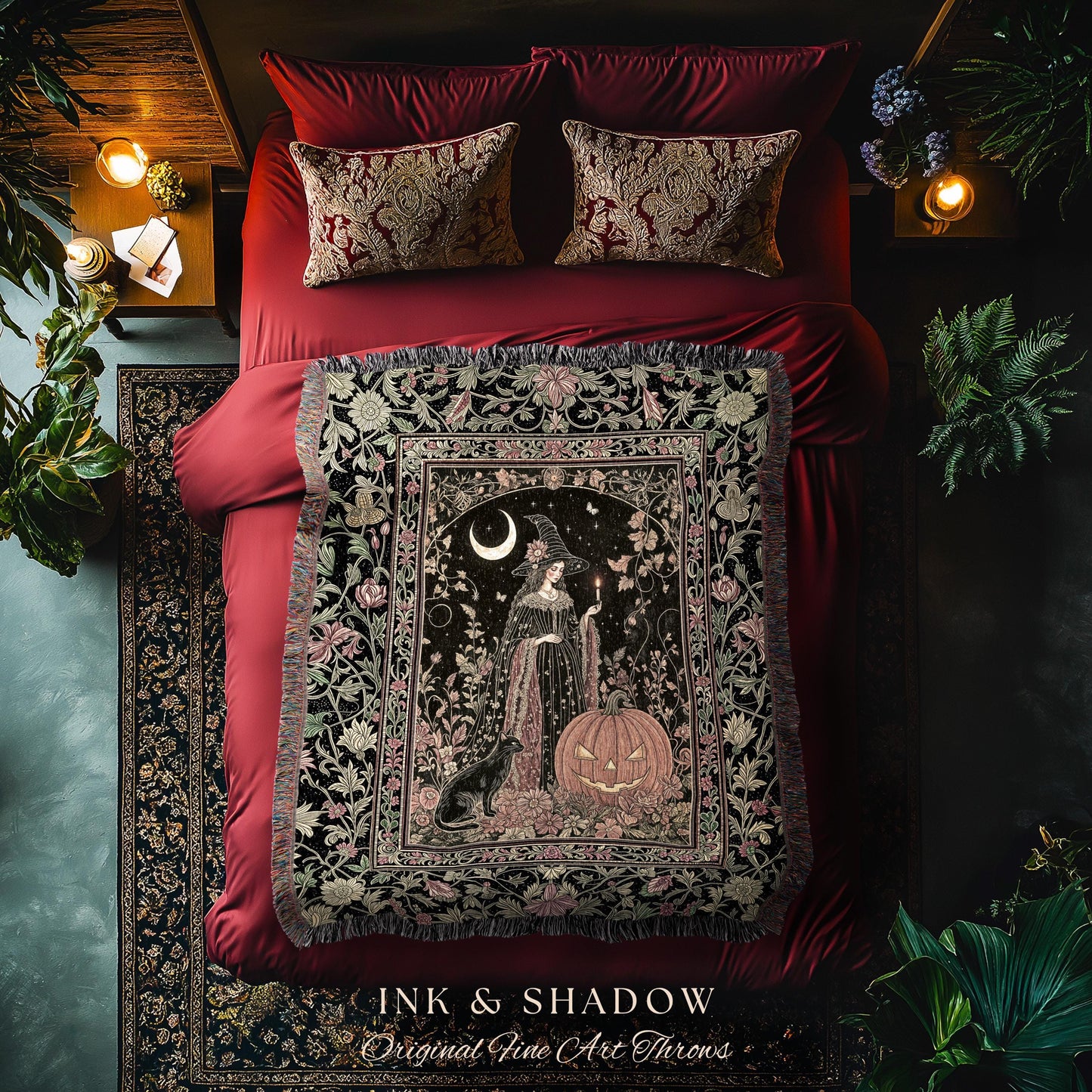 Victorian Gothic Witchcraft Woven Tapestry Black Cat & Witch Halloween Folklore Throw Blanket Jack-o-Lantern Fairytale Fall Botanicals Decor