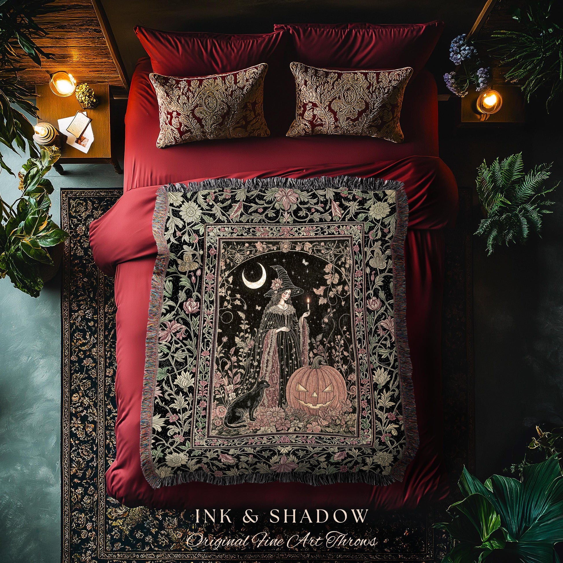 Victorian Gothic Witchcraft Woven Tapestry Black Cat & Witch Halloween Folklore Throw Blanket Jack-o-Lantern Fairytale Fall Botanicals Decor