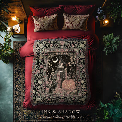 Victorian Gothic Witchcraft Woven Tapestry Black Cat & Witch Halloween Folklore Throw Blanket Jack-o-Lantern Fairytale Fall Botanicals Decor