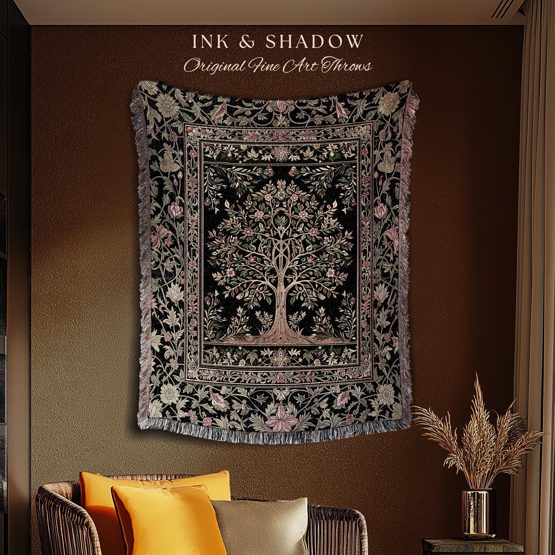 Art Nouveau Maximalist Tree Tapestry Blanket Jacquard Woven Coverlet