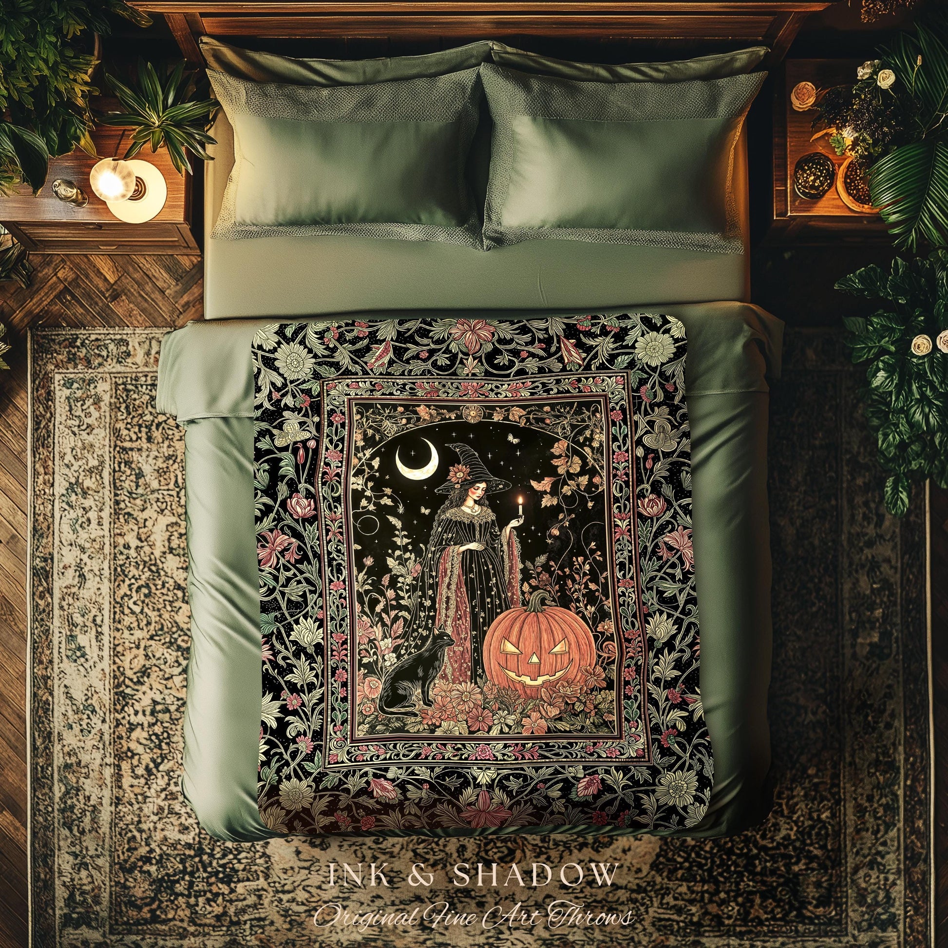 Victorian Gothic Witchcraft Woven Tapestry Black Cat & Witch Halloween Folklore Throw Blanket Jack-o-Lantern Fairytale Fall Botanicals Decor