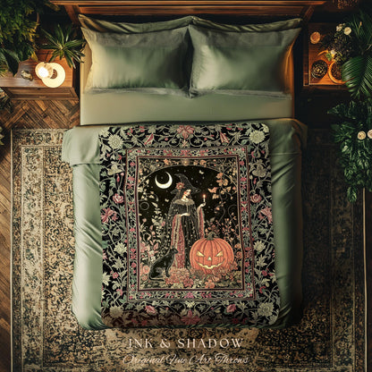 Victorian Gothic Witchcraft Woven Tapestry Black Cat & Witch Halloween Folklore Throw Blanket Jack-o-Lantern Fairytale Fall Botanicals Decor