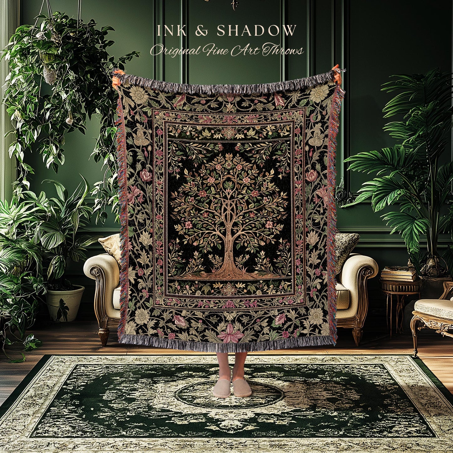 Art Nouveau Maximalist Tree Tapestry Blanket Jacquard Woven Coverlet