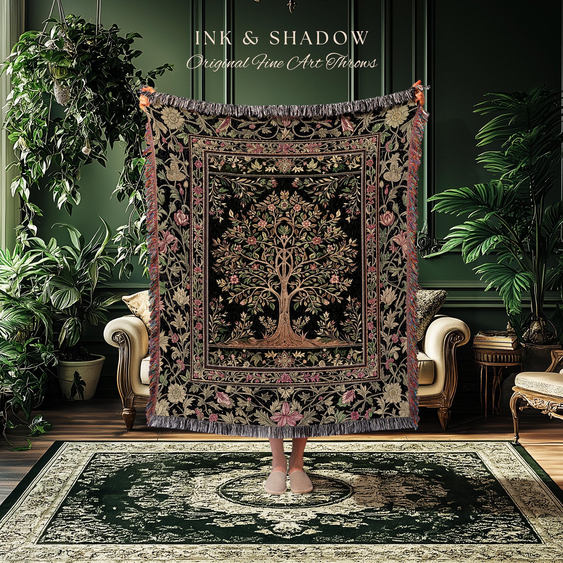 Art Nouveau Maximalist Tree Tapestry Blanket Jacquard Woven Coverlet