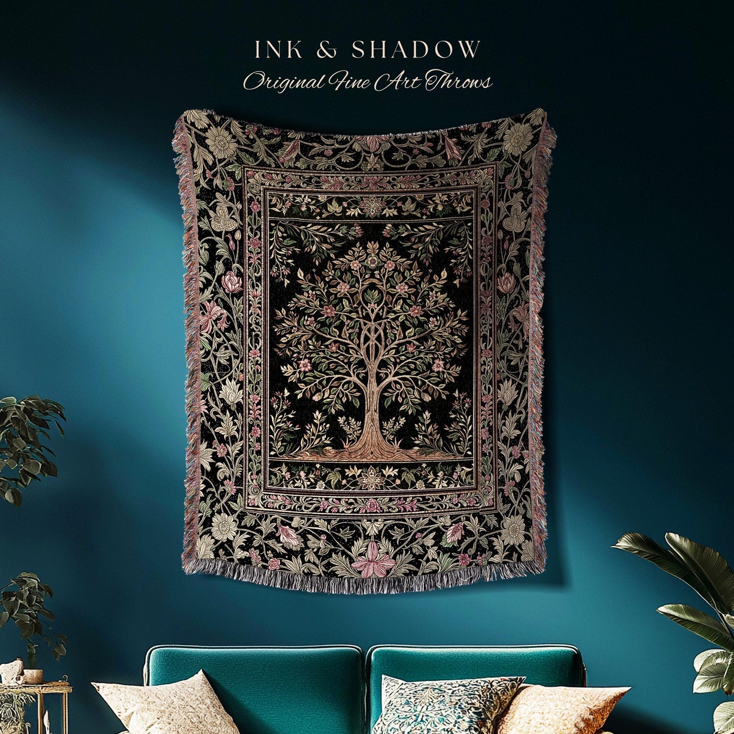 Art Nouveau Maximalist Tree Tapestry Blanket Jacquard Woven Coverlet
