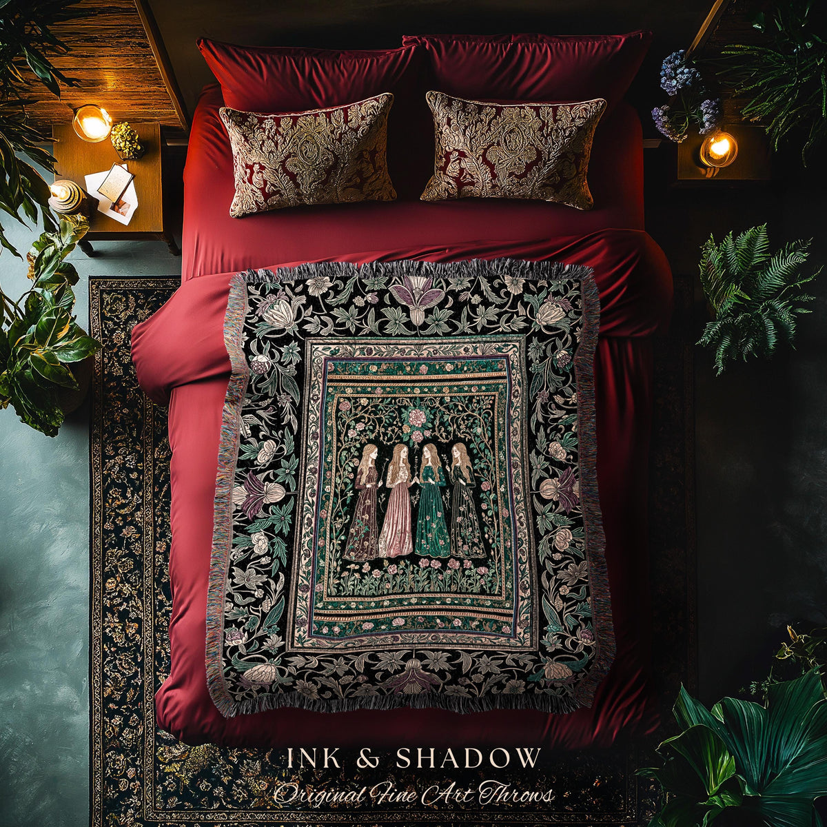 Victorian Witch Sisters Throw Blanket | Enchanted Folklore Gothic Floral Forest Tapestry Celestial Art Nouveau Magic Aesthetic Whimsical |