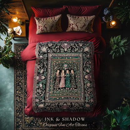 Victorian Witch Sisters Throw Blanket | Enchanted Folklore Gothic Floral Forest Tapestry Celestial Art Nouveau Magic Aesthetic Whimsical |