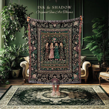 Victorian Witch Sisters Throw Blanket | Enchanted Folklore Gothic Floral Forest Tapestry Celestial Art Nouveau Magic Aesthetic Whimsical |