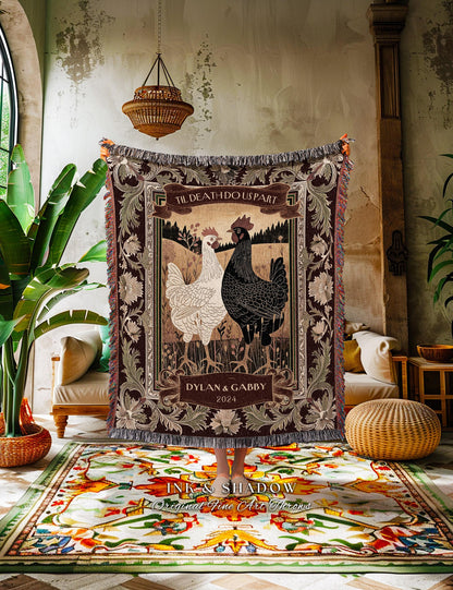 His & Hers Chicken Couple Tapestry Blanket | Rustic Farmhouse Wedding Western Aesthetic Mr and Mrs Custom Woven Anniversary Gift Thoughtful