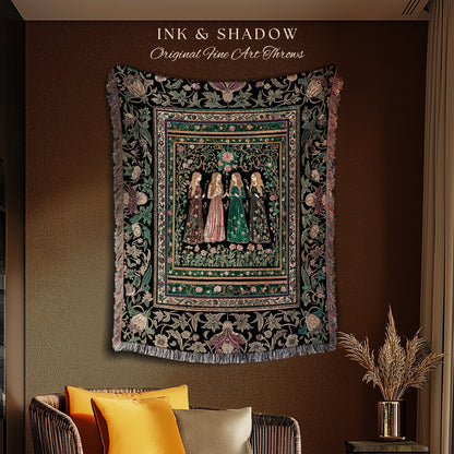 Victorian Witch Sisters Throw Blanket | Enchanted Folklore Gothic Floral Forest Tapestry Celestial Art Nouveau Magic Aesthetic Whimsical |