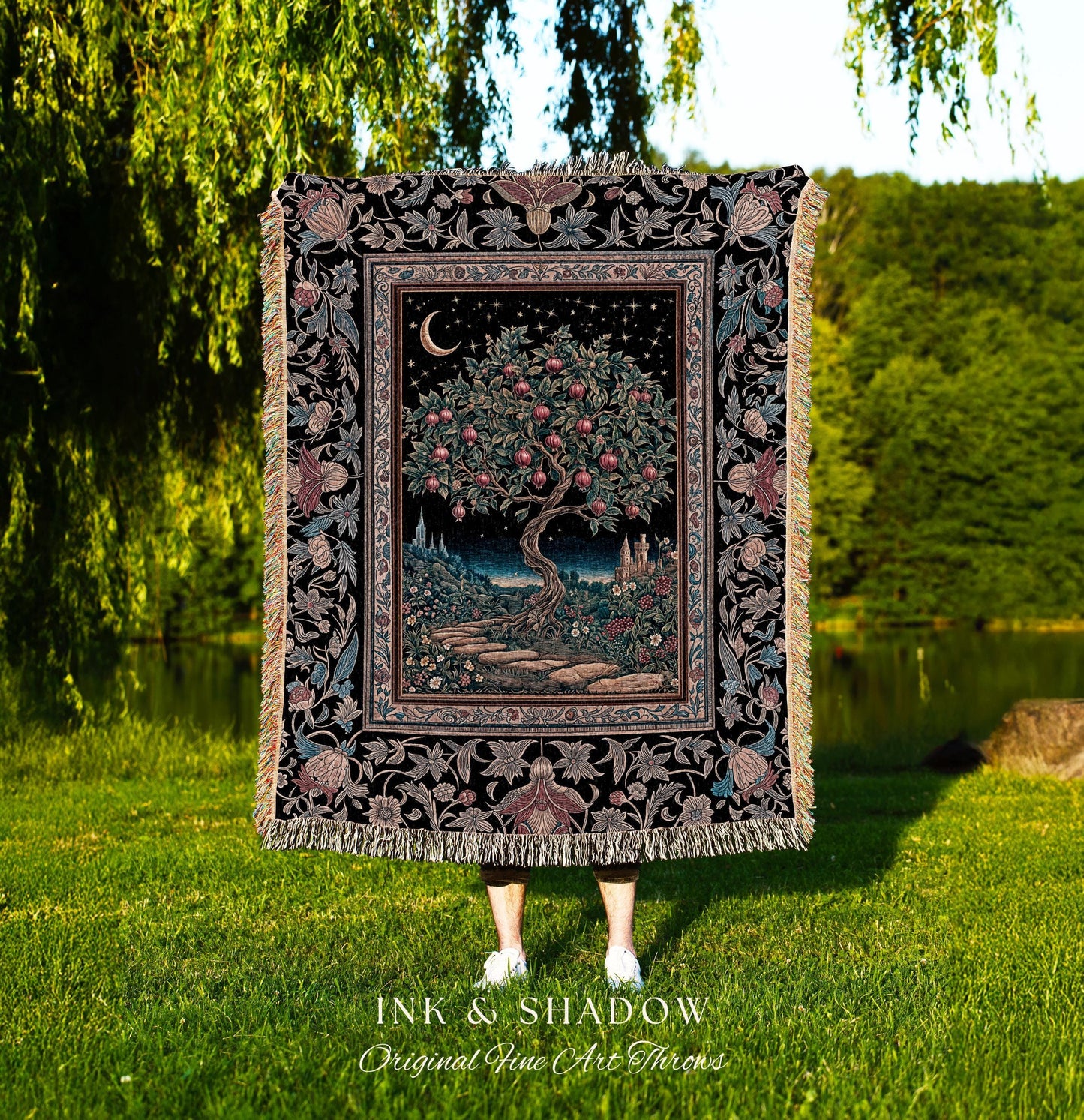 Twilight Orchard Tree Life Tapestry | Enchanted Harvest Aesthetic Crimson Moonlit Medieval Magic Style Eclectic Woven Throw Blanket Witchy |
