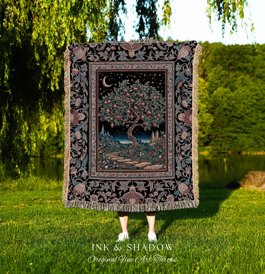 Twilight Orchard Tree Life Tapestry | Enchanted Harvest Aesthetic Crimson Moonlit Medieval Magic Style Eclectic Woven Throw Blanket Witchy |