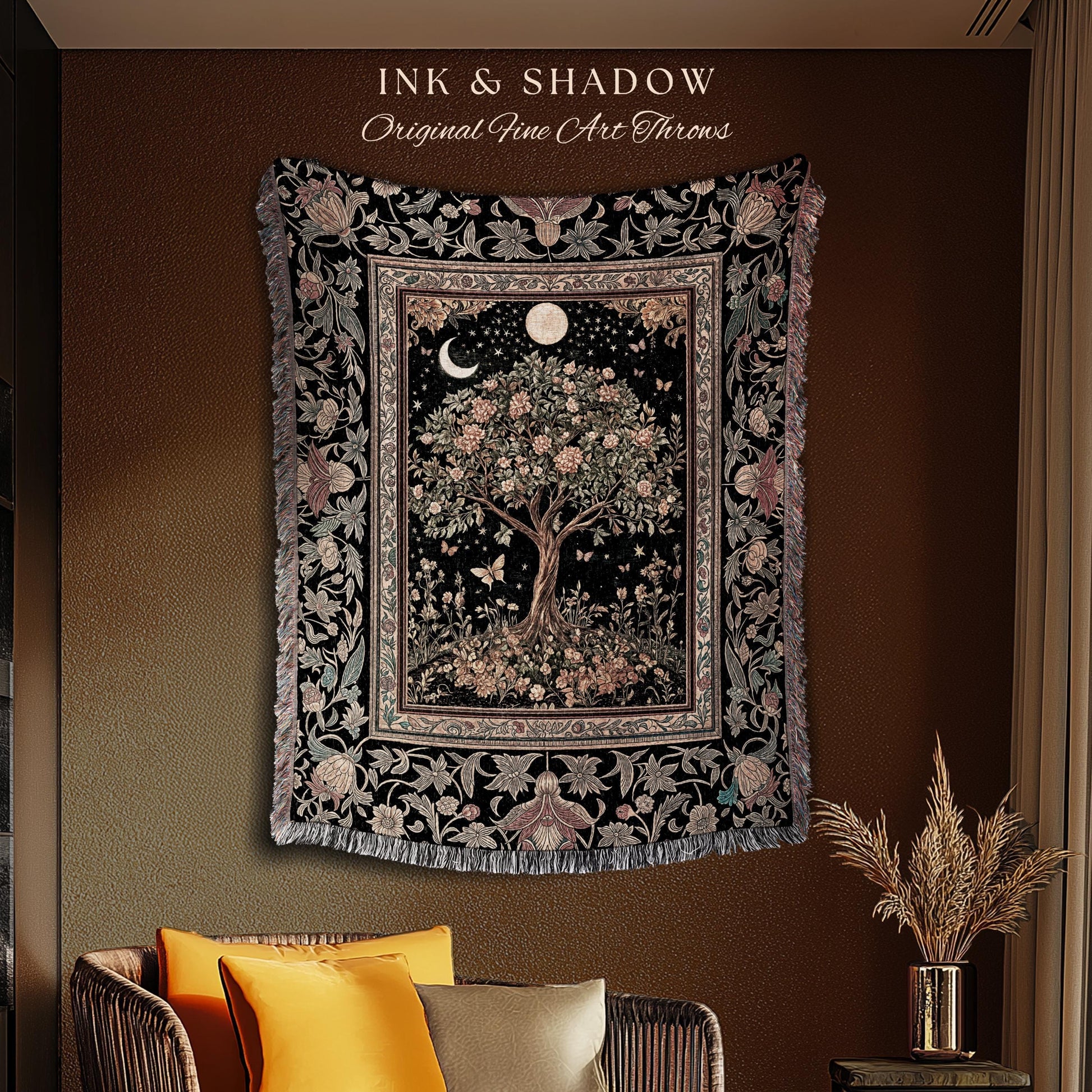 Rustic Medieval Fairycore Tree Throw Blanket Woven Cotton Wall Tapestry