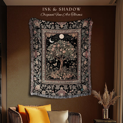Rustic Medieval Fairycore Tree Throw Blanket Woven Cotton Wall Tapestry