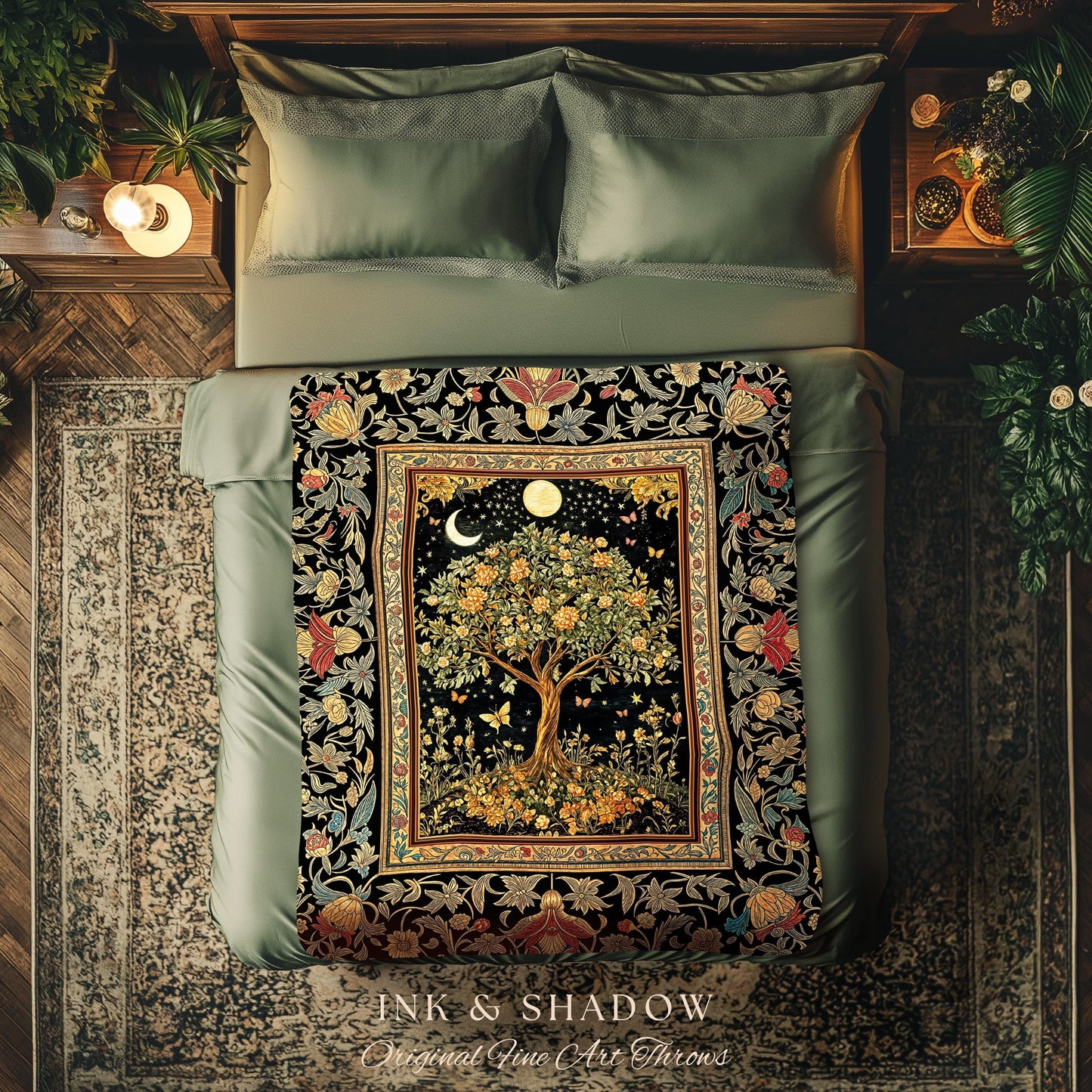Rustic Medieval Fairycore Tree Throw Blanket Woven Cotton Wall Tapestry