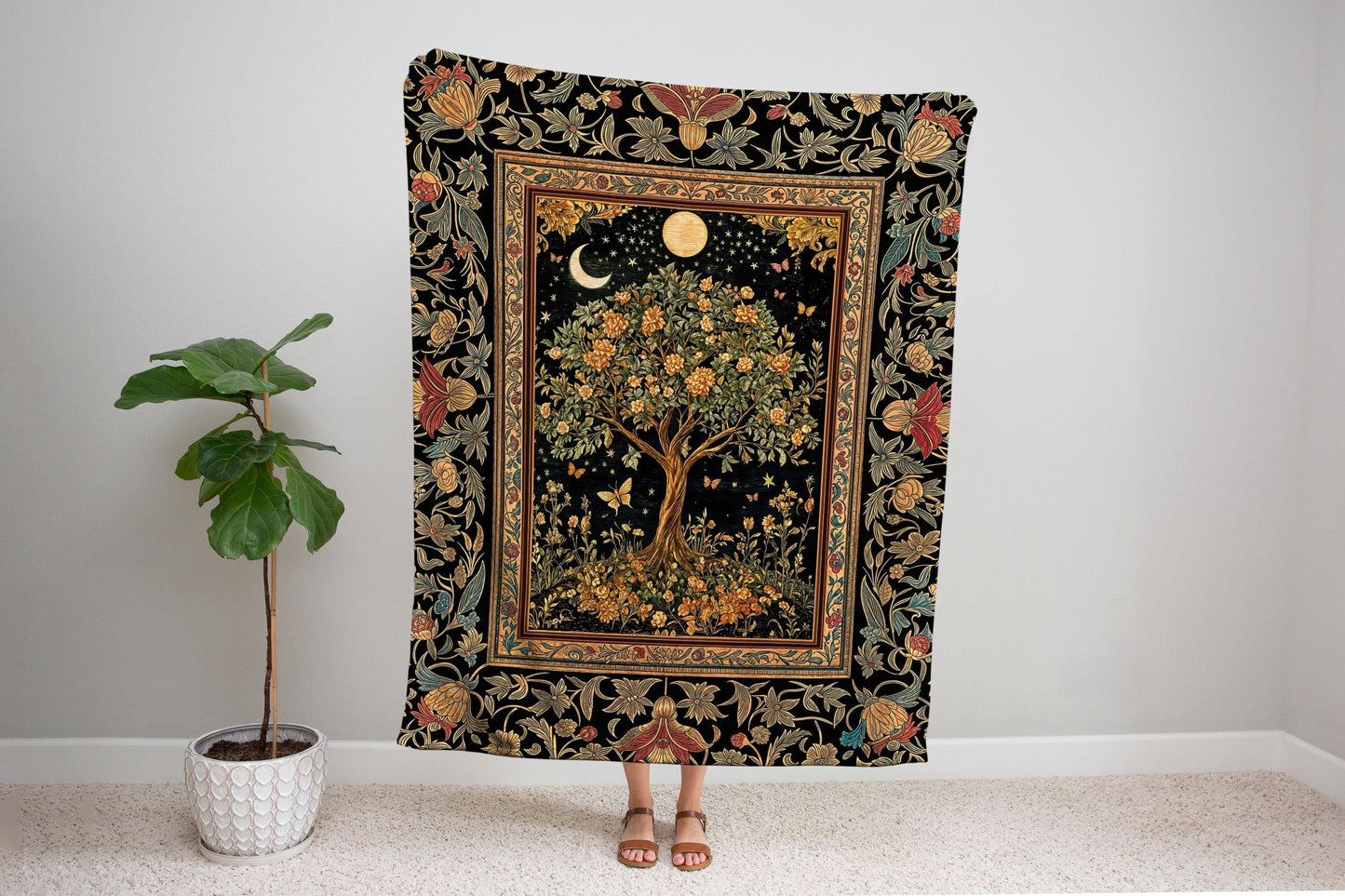 Rustic Medieval Fairycore Tree Throw Blanket Woven Cotton Wall Tapestry