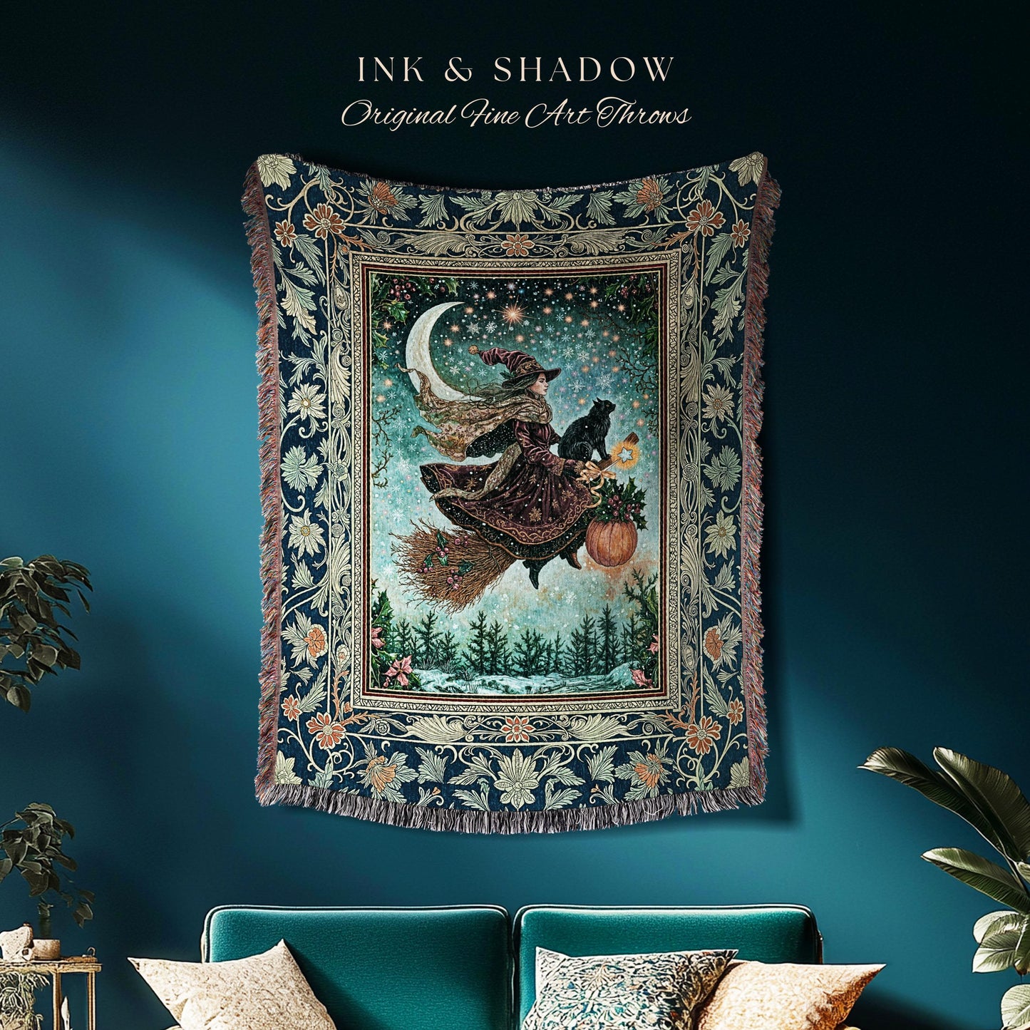 Pumpkin Witch Winter Wall Tapestry | Mystical Gothic Decor Black Cat Broomstick Spooky Season Botanical Moon Stars Winter Whimsigoth Style |