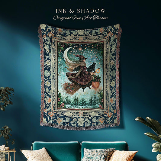 Pumpkin Witch Winter Wall Tapestry | Mystical Gothic Decor Black Cat Broomstick Spooky Season Botanical Moon Stars Winter Whimsigoth Style |
