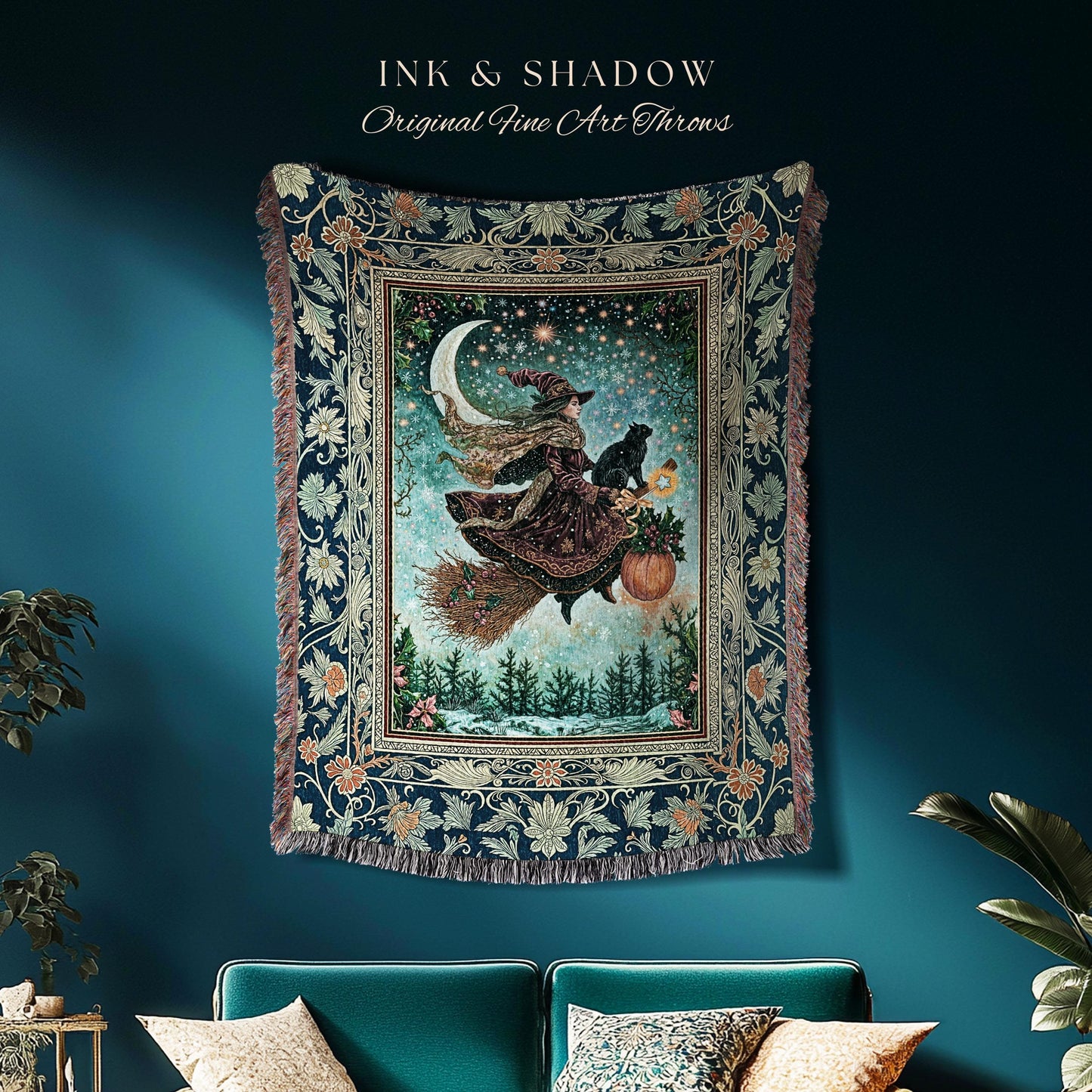 Pumpkin Witch Winter Wall Tapestry | Mystical Gothic Decor Black Cat Broomstick Spooky Season Botanical Moon Stars Winter Whimsigoth Style |