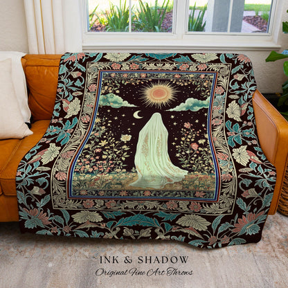 Earth Spirit Mystic Floral Ghost Throw | Cottagecore Blanket Tapestry Whimsigoth Decor Sunlit Pastel Accent Botanical Season Witchy Vintage