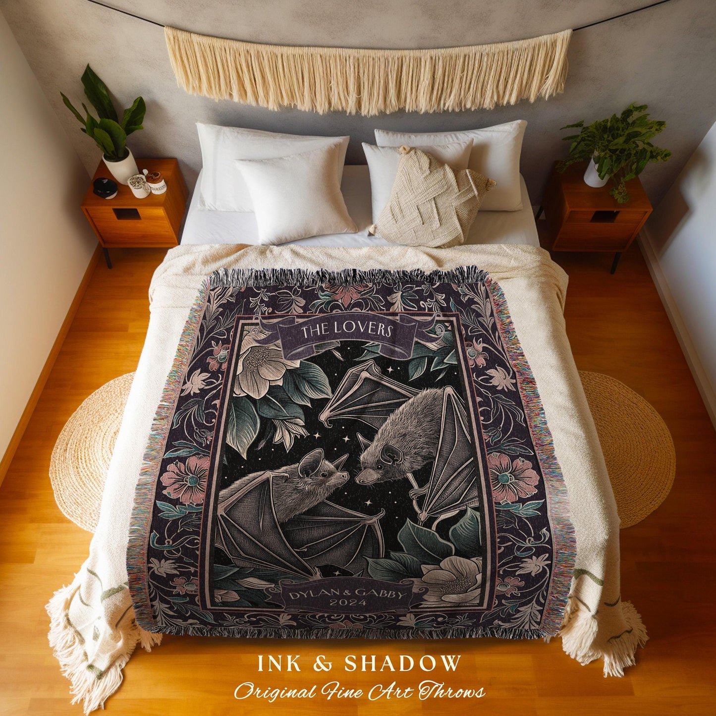 Mystical Woodland Bat Lovers Whimsigothic Anniversary Tapestry Throw | Personalized Names Woven Blanket Dark Cottagecore Custom Cute Wedding