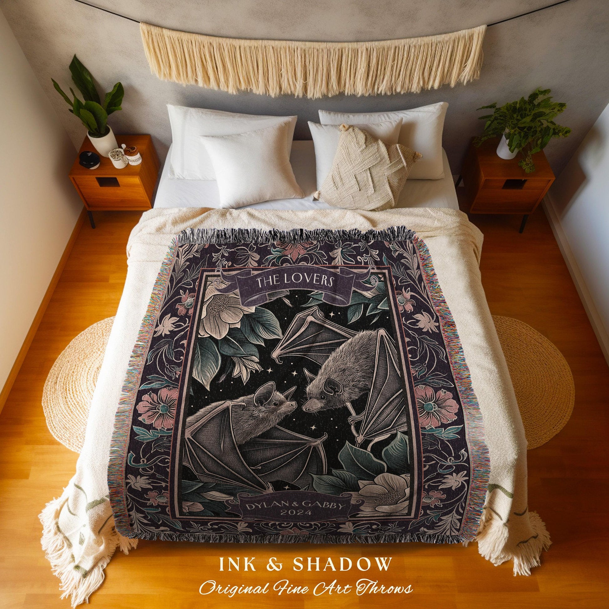 Mystical Woodland Bat Lovers Whimsigothic Anniversary Tapestry Throw | Personalized Names Woven Blanket Dark Cottagecore Custom Cute Wedding