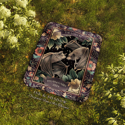 Mystical Woodland Bat Lovers Whimsigothic Anniversary Tapestry Throw | Personalized Names Woven Blanket Dark Cottagecore Custom Cute Wedding