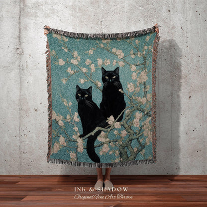 Vintage Cat Painting Tapestry | Vincent Van Gogh 'Almond Blossom" Blanket Woven | Funny Tapestry Black Cat Painting Famous Art Blanket Cute