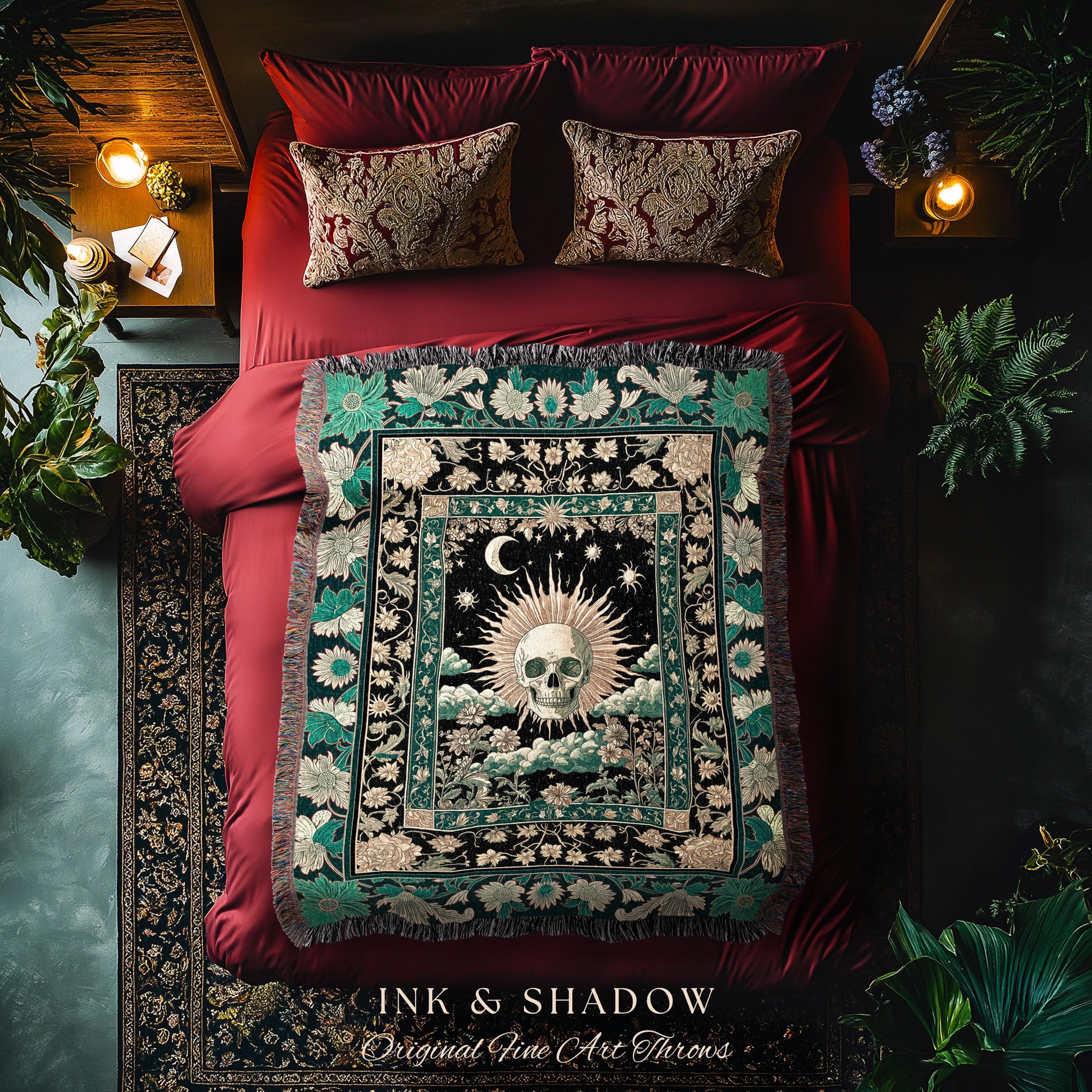 Moody Mystic Skull Boho Throw Blanket | Macabre Gothic Vintage Fall Woven Wall Tapestry Dark Academia Style Woven Skeleton Whimsigoth Gift |