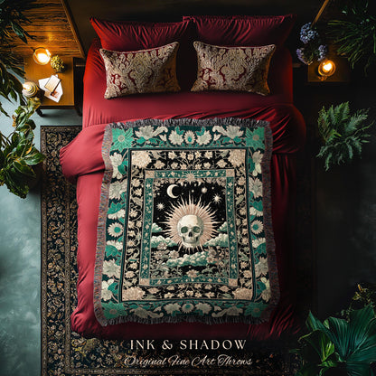 Moody Mystic Skull Boho Throw Blanket | Macabre Gothic Vintage Fall Woven Wall Tapestry Dark Academia Style Woven Skeleton Whimsigoth Gift |
