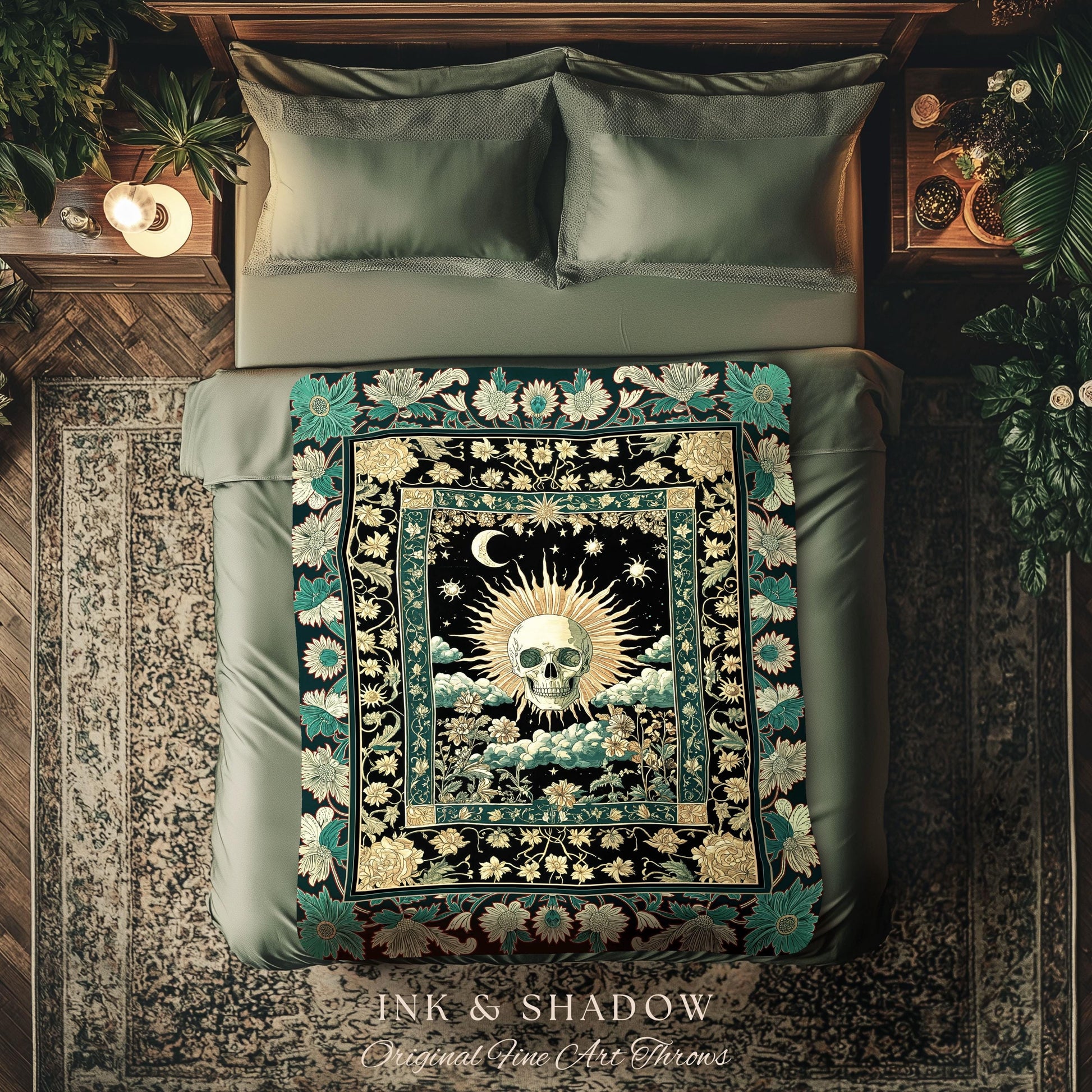 Moody Mystic Skull Boho Throw Blanket | Macabre Gothic Vintage Fall Woven Wall Tapestry Dark Academia Style Woven Skeleton Whimsigoth Gift |