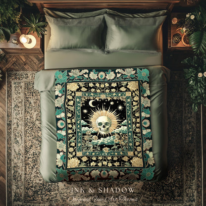 Moody Mystic Skull Boho Throw Blanket | Macabre Gothic Vintage Fall Woven Wall Tapestry Dark Academia Style Woven Skeleton Whimsigoth Gift |