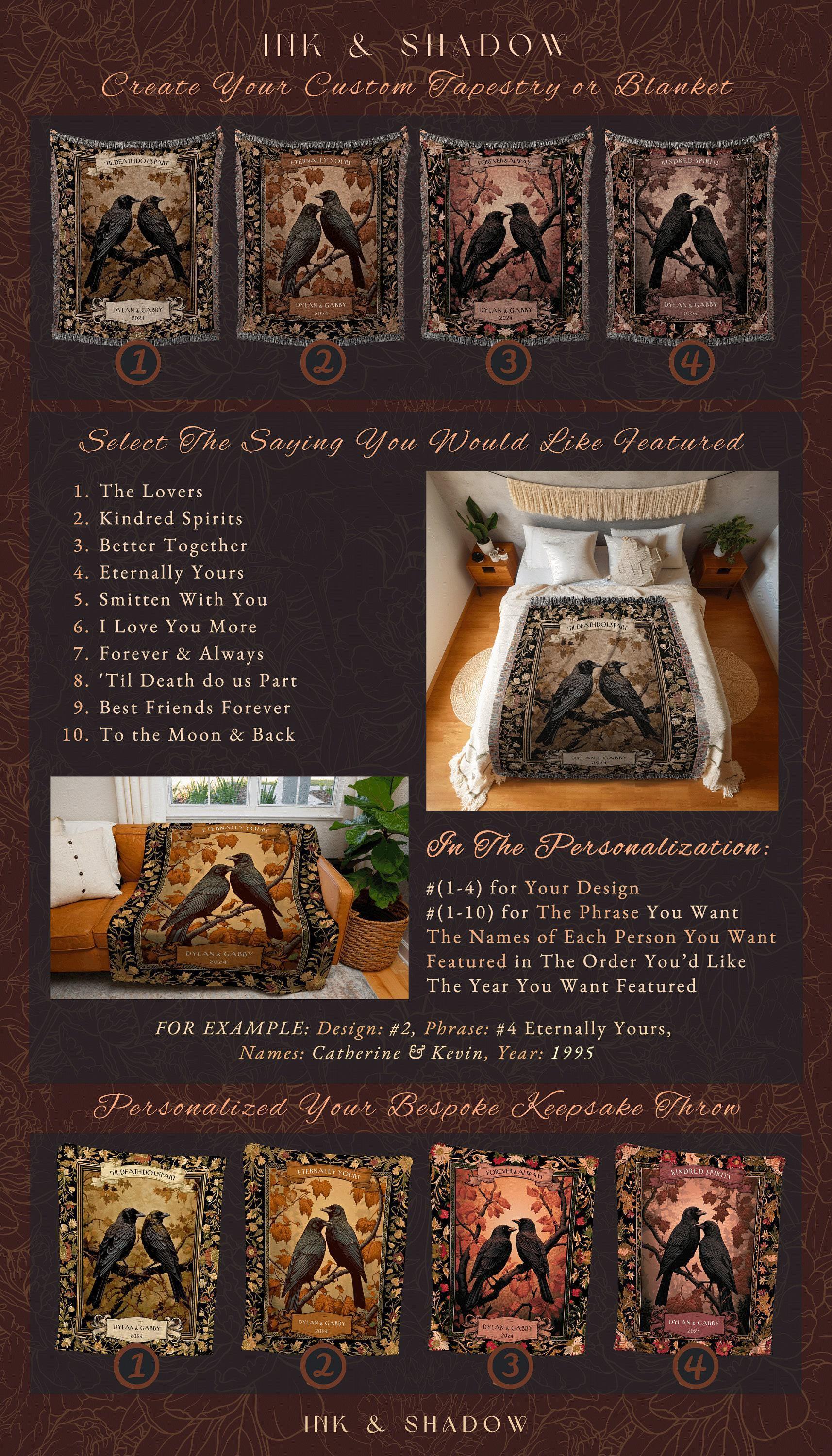 Autumn Anniversary Raven Couple Blanket | Crow Core Couple Dark Academia Aesthetic Woven Throw Custom Name Gift Goth Tapestry Witchy Decor