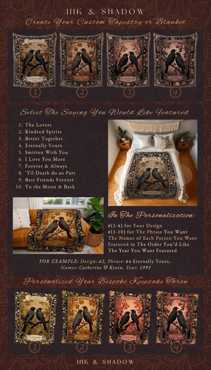 Autumn Anniversary Raven Couple Blanket | Crow Core Couple Dark Academia Aesthetic Woven Throw Custom Name Gift Goth Tapestry Witchy Decor