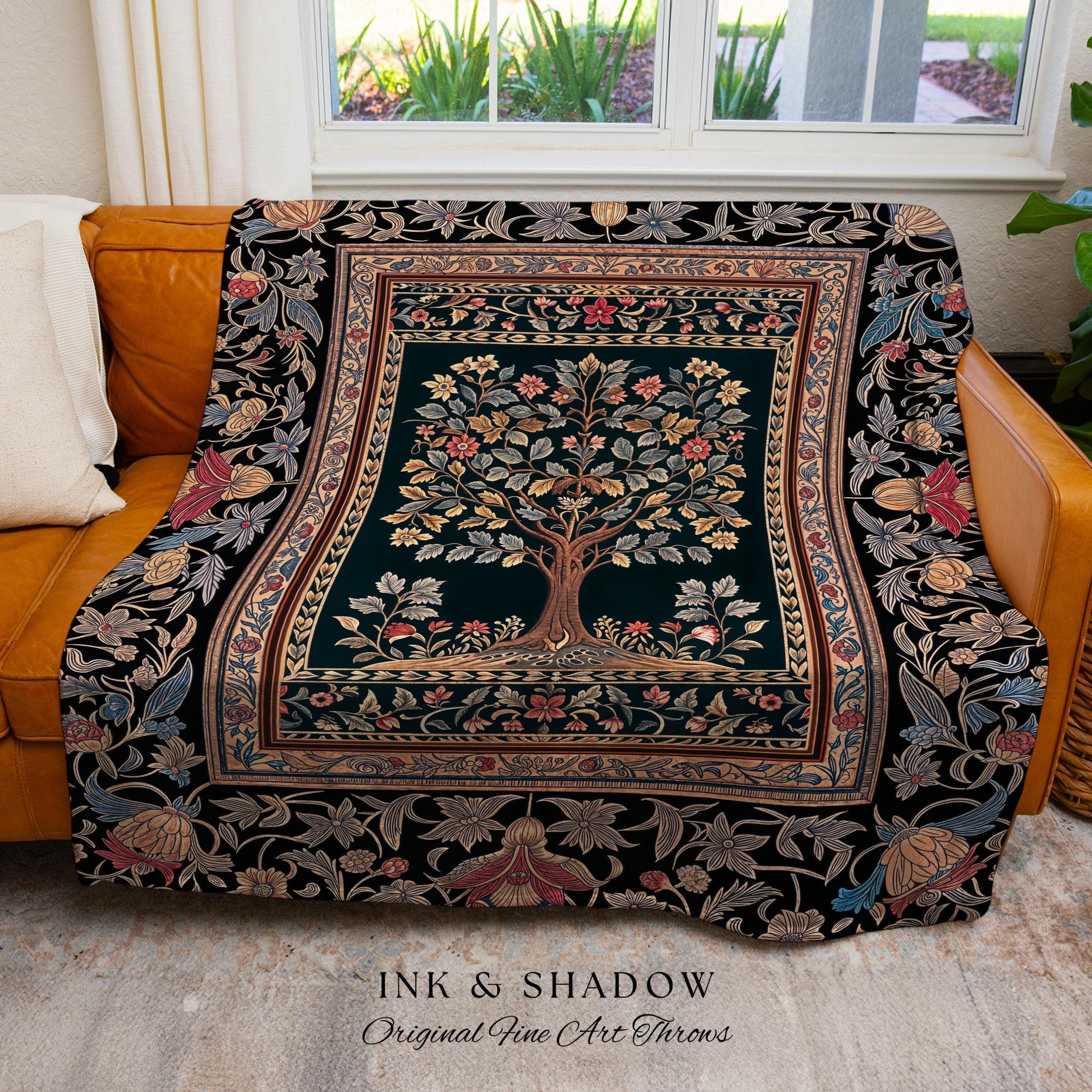 Victorian Folk Art Tree Throw Blanket Woven Cotton Wall Tapestry