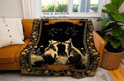 Personalized Constellation Couple Blanket | Celestial Wedding Tapestry Woven Throw Fox Blanket Couples Astrology Personalized Woodland Throw