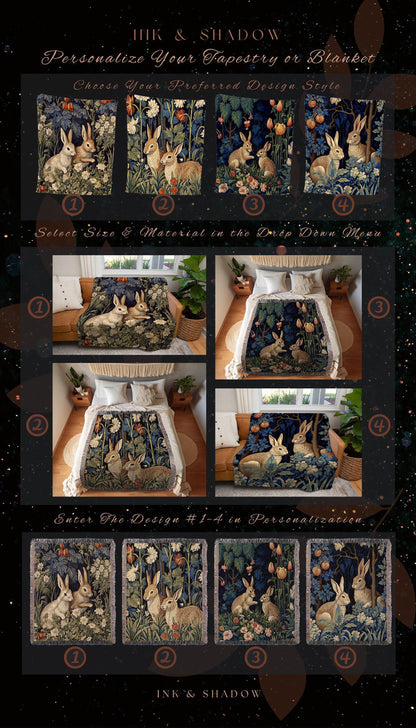 Floral Woven Rabbit Blanket | Botanical Folk Art Blanket Woven Tapestry William Morris Throw Woodland Goth Decor Cottagecore Aesthetic Decor